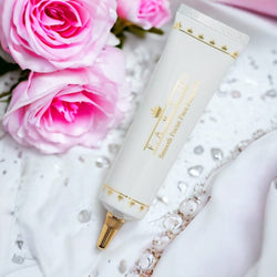 Pore-minimizing F.A.R.A.H. Smooth Focus Face Primer shown with flawless skin results.